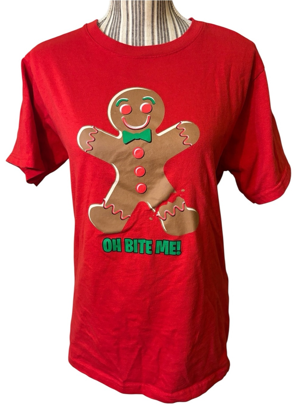 Gingerbread Graphic Tee XL "Oh Bite Me!" Red Unisex Cotton Poly Holiday Joke